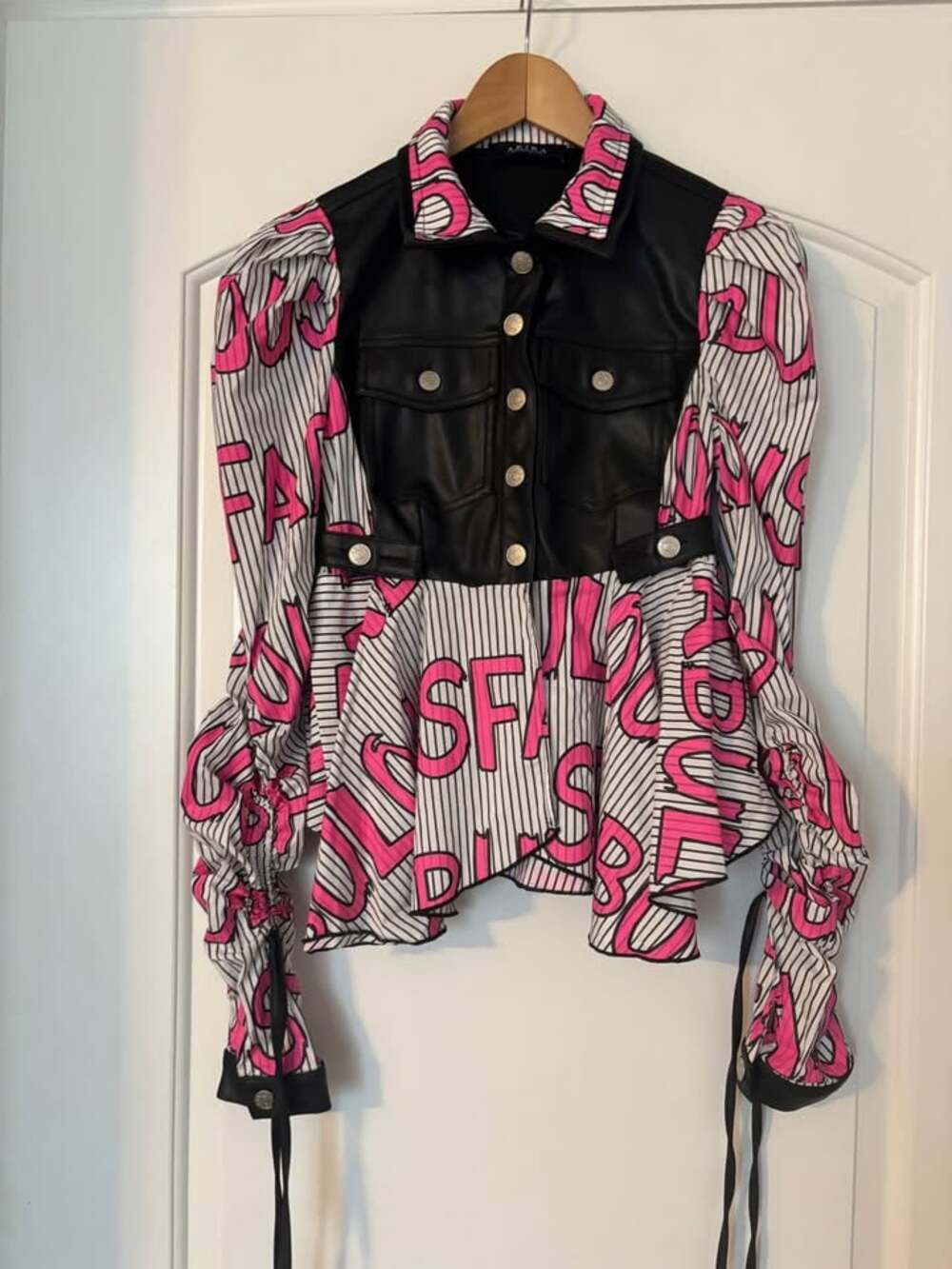 AKIRA Always Fabulous Faux Leather Bodice Graphic Peplum Blouse - Size S